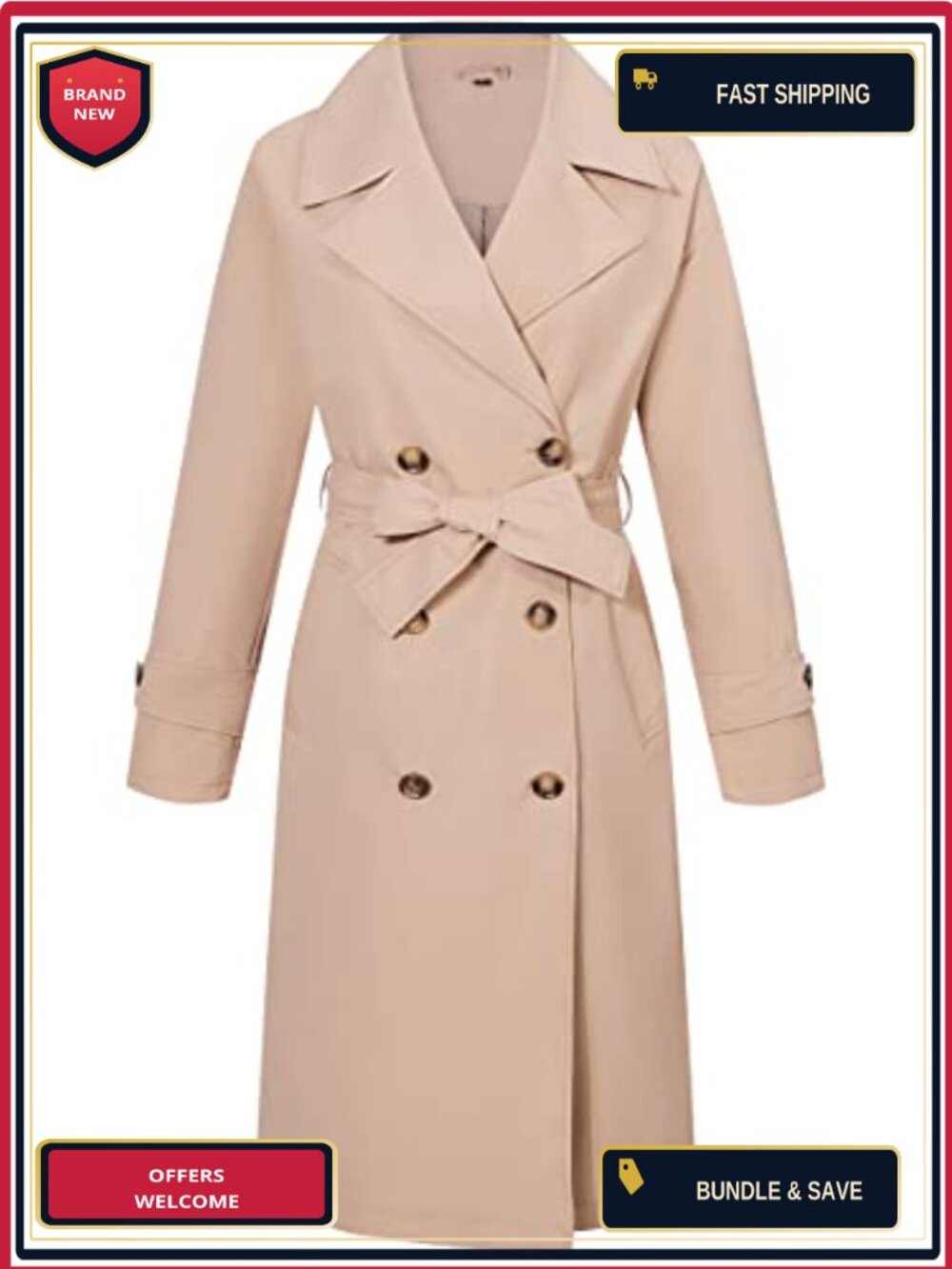 Women's Double-Breasted Trench Coat Water Resistant Windbreaker Overcoat